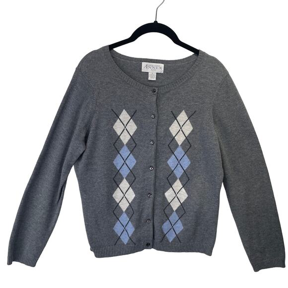 Casual Corner Annex Argyle Button Up Cardigan Sweater Gray Blue White Med Petite - Picture 6 of 11